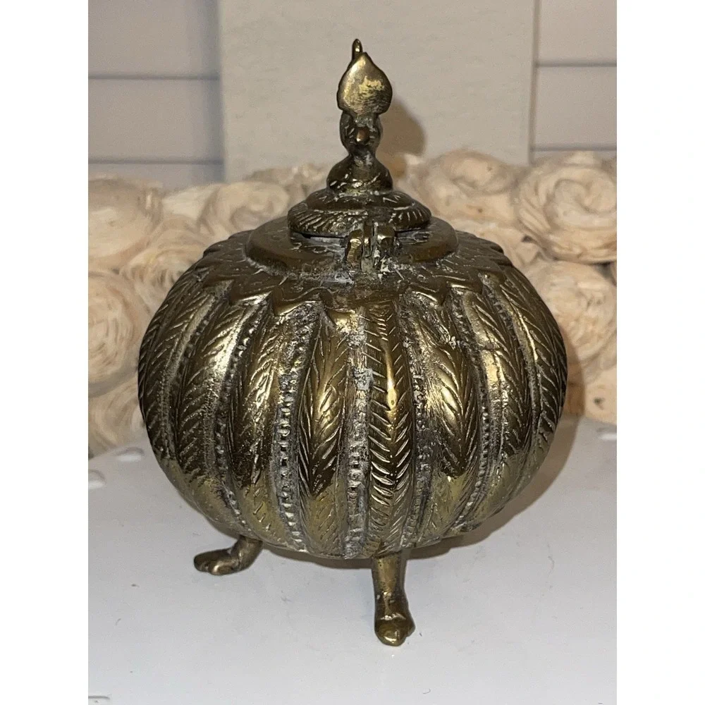 Antique Indian Cast Bronze Mughal‎ Footed Ink Well w/ Peacock Lid & Fluted Sides